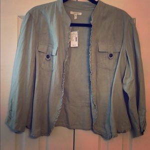 Collarless blazer, minty green/aqua.